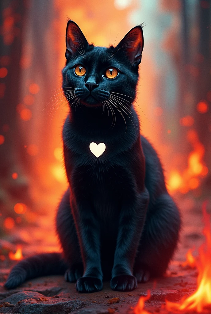 Black cat with a little white heart on his chest and fire from the 70s 
