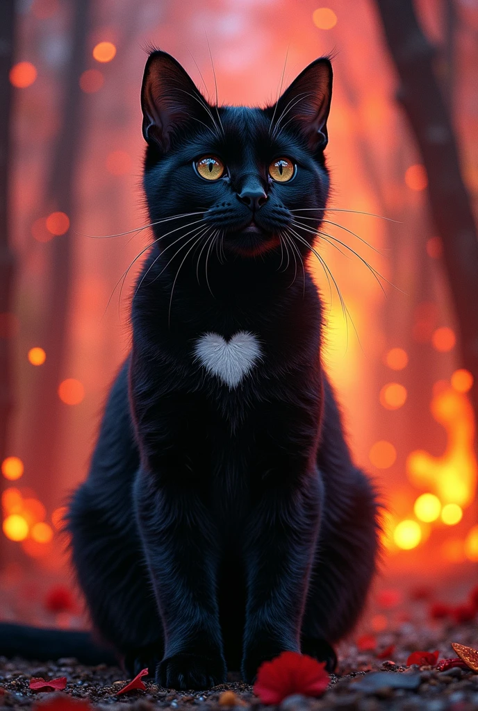 Black cat with a little white heart on his chest and fire from the 70s