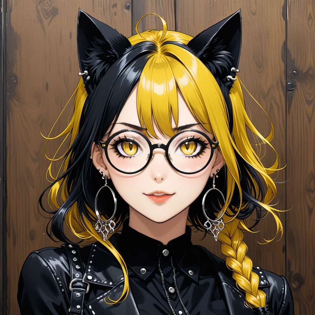 (in style of Takeshi Obata:0.9),(in style of Jillian Tamaki:0.9),
bar background,1 girl,gothic style,bonklers, close-up,(:d:1.4),(arm_around_waist:1.3), portrait, gothic girl with heavy makeup, (ear piercing:1.5), long with yellow and black highlights hair,wear glasses,black and yellow hair, ((((giant glasses, otaku glasses, round glasses)))), A pair of cat ears on the head
