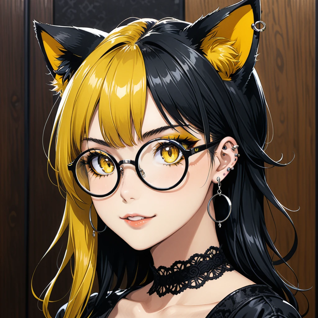 (in style of Takeshi Obata:0.9),(in style of Jillian Tamaki:0.9),
bar background,1 girl,gothic style,bonklers, close-up,(:d:1.4),(arm_around_waist:1.3), portrait, gothic girl with heavy makeup, (ear piercing:1.5), long with yellow and black highlights hair,wear glasses,black and yellow hair, ((((giant glasses, otaku glasses, round glasses)))), A pair of cat ears on the head