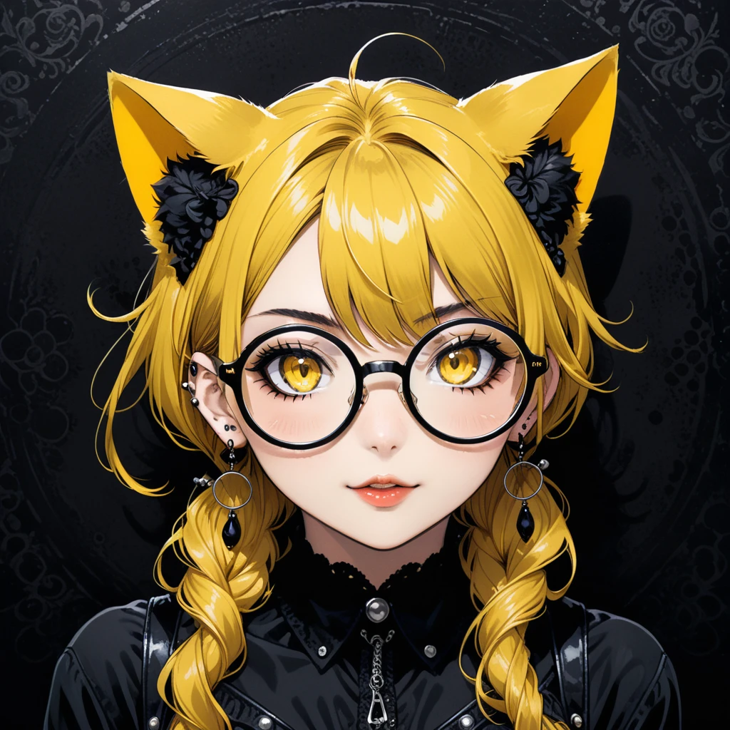 (in style of Takeshi Obata:0.9),(in style of Jillian Tamaki:0.9),
bar background,1 girl,gothic style,bonklers, close-up,(:d:1.4),(arm_around_waist:1.3), portrait, gothic girl with heavy makeup, (ear piercing:1.5), long with yellow and black highlights hair，wear glasses，black and yellow hair,  ((((giant glasses, otaku glasses, round glasses)))), A pair of cat ears on the head