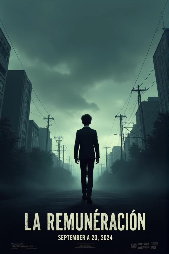 The cover of a movie, put the title "the remuneration" in Spanish with a release date of September 20, 2024 The cover must have the silhouette of a ager in a suit heading to the city with a cloudy sky and dark tone.