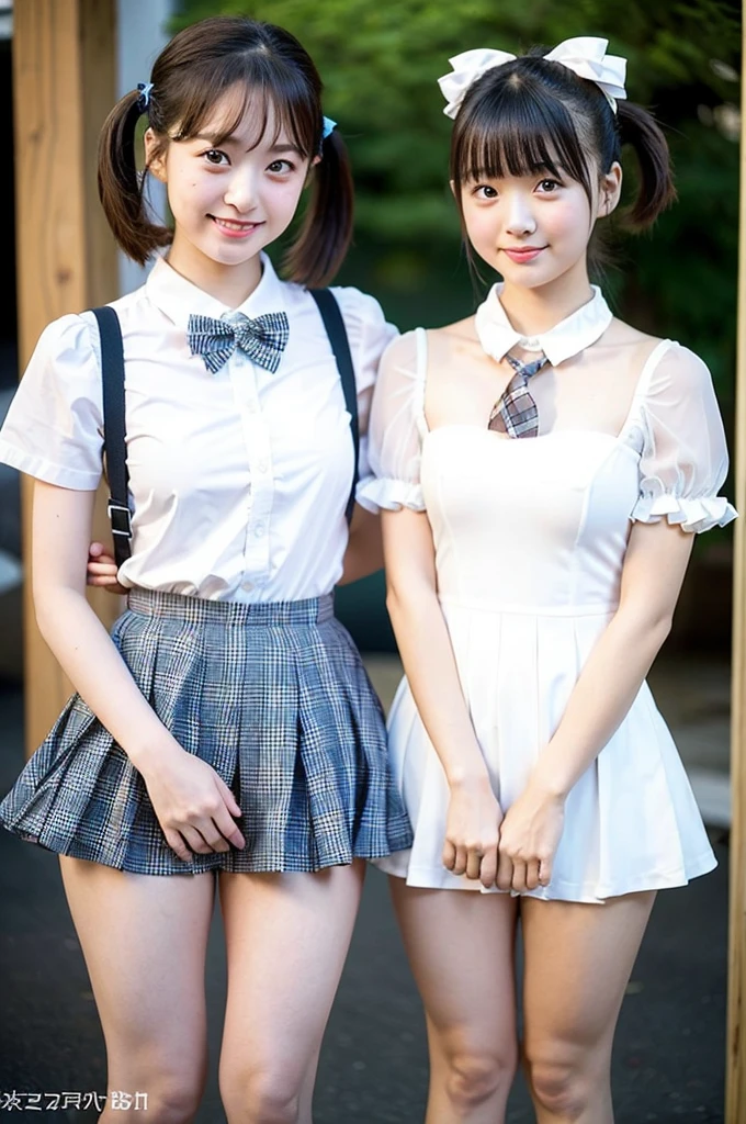 2 girls standing in Japanese city,short-sleeved white leotard with plaid frills,white collar and plaid bow tie,school bags,18-year-old,bangs,a little smile,large bare thighs,knees,legs apart,short hair with low pigtails,from before,front light