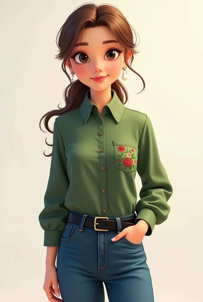 Animated Minerva Merchant drawing type 28 year old woman long hair tied back light brown complexion red lips big black eyes with small pearl earrings long sleeved green shirt embroidered pocket Minerva blue long untied blue jean black belt black formal tennis shoes.