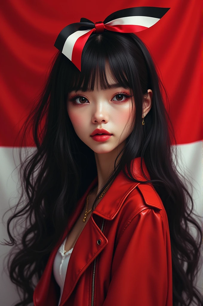 white woman, long black hair loose with Indonesian flag ribbon,wearing a red leather jacket, Indonesian flag background