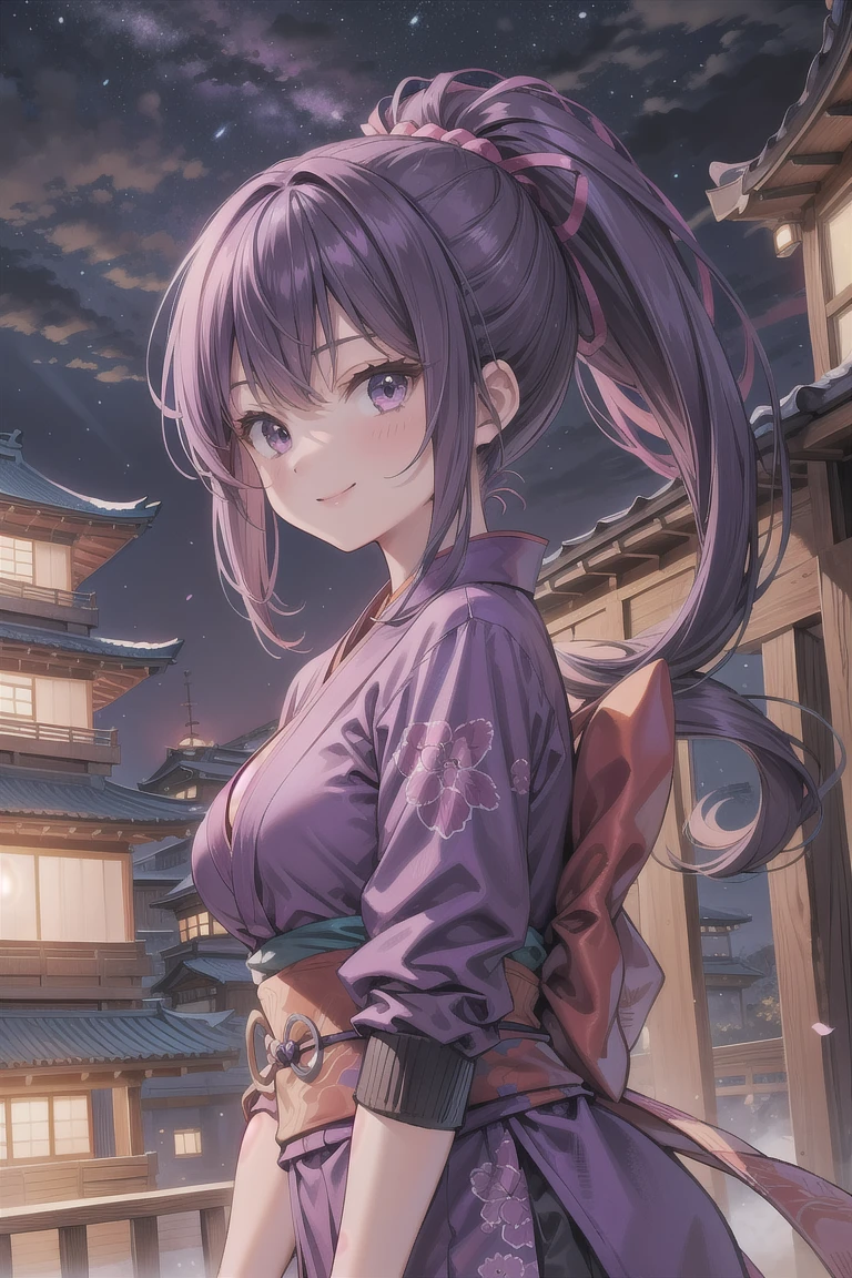 girl, medium breasts, purple female ninja wear, purple medium pony tail hair, japan building roof top, night, smile