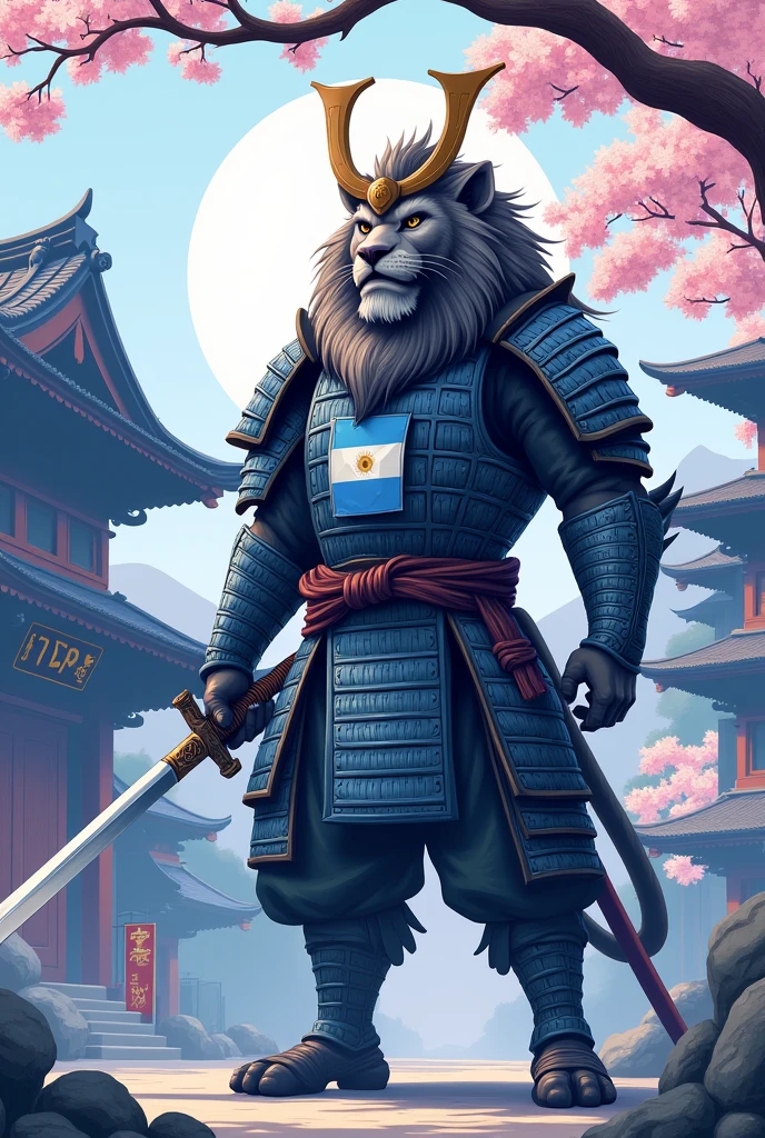 Samurai Lion in an  Japanese dojo, modern art, hand-drawn, gray, blue and white colors, Lion warrior, traditional Japanese architecture, cherry blossom tree in bloom, intricate samurai armor, katana sword, focused expression, whit big head, dynamic pose, detailed linework, soft pastel shades of  blue, and lavender, artistic interpretation, ArtStation. Whit the medium Argentina flag in the flood and with a very big sign whit ViP