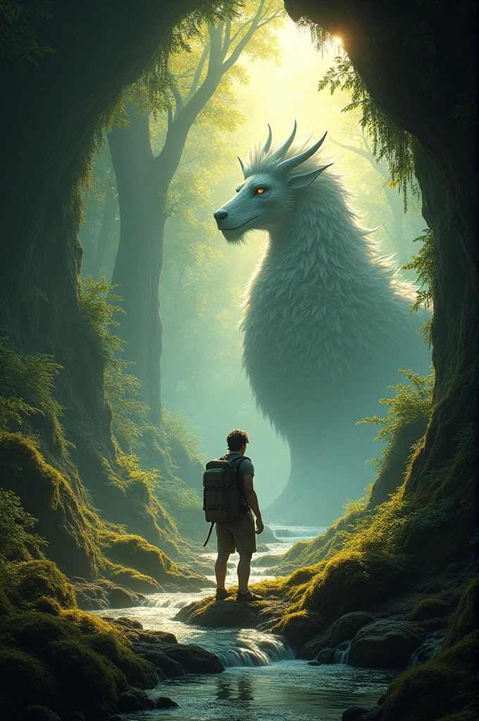 draw a mysterious encounter between a curious explorer and mythical creature, cave in a forest as the background.