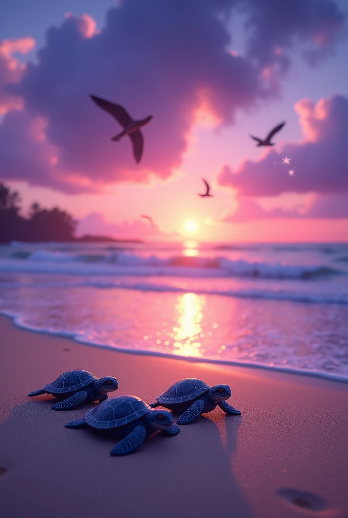 A beach with a purple sunset and baby turtles, birds flying and stars in the sky 