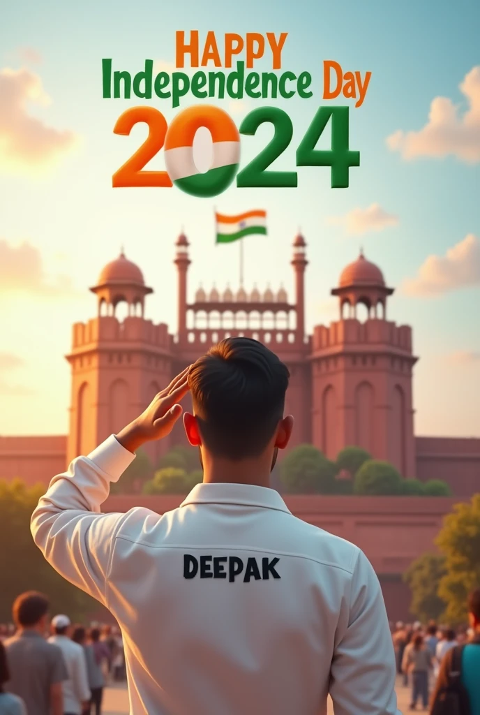 Create a 3D image of 22 years old boy is wearing White color shirt and saluting to indian flag and behind him red fort placed a hoisting flag on that, written Happy Independence Day 2024" on the sky and "DEEPAK" is written on his shirt with bold letters and also in overall image has the divine background like indian republic day. Everyone is celebrating.