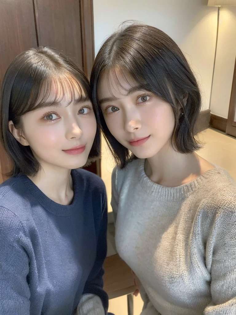 (masterpiece:1.3), (8k, Photoreal, Raw photo, best image quality: 1.4), Japanese high school girl、(random hairstyle:1.2)、:1.5、super ail face、eye for details、double eyelid、chest to chest、sharp focus:1.2、Beautiful woman:1.4、light brown hair、highest quality、masterpiece、超A high resolution、(Photoreal:1.4)、Highly detailed and professionally lit smiles、loose and light knitwear、shoulder out、thin、serious expression、short haired、deadly position
similar identical twins
All the girls have the exact same face, The two have the same face and figure, as if they were mirror images.