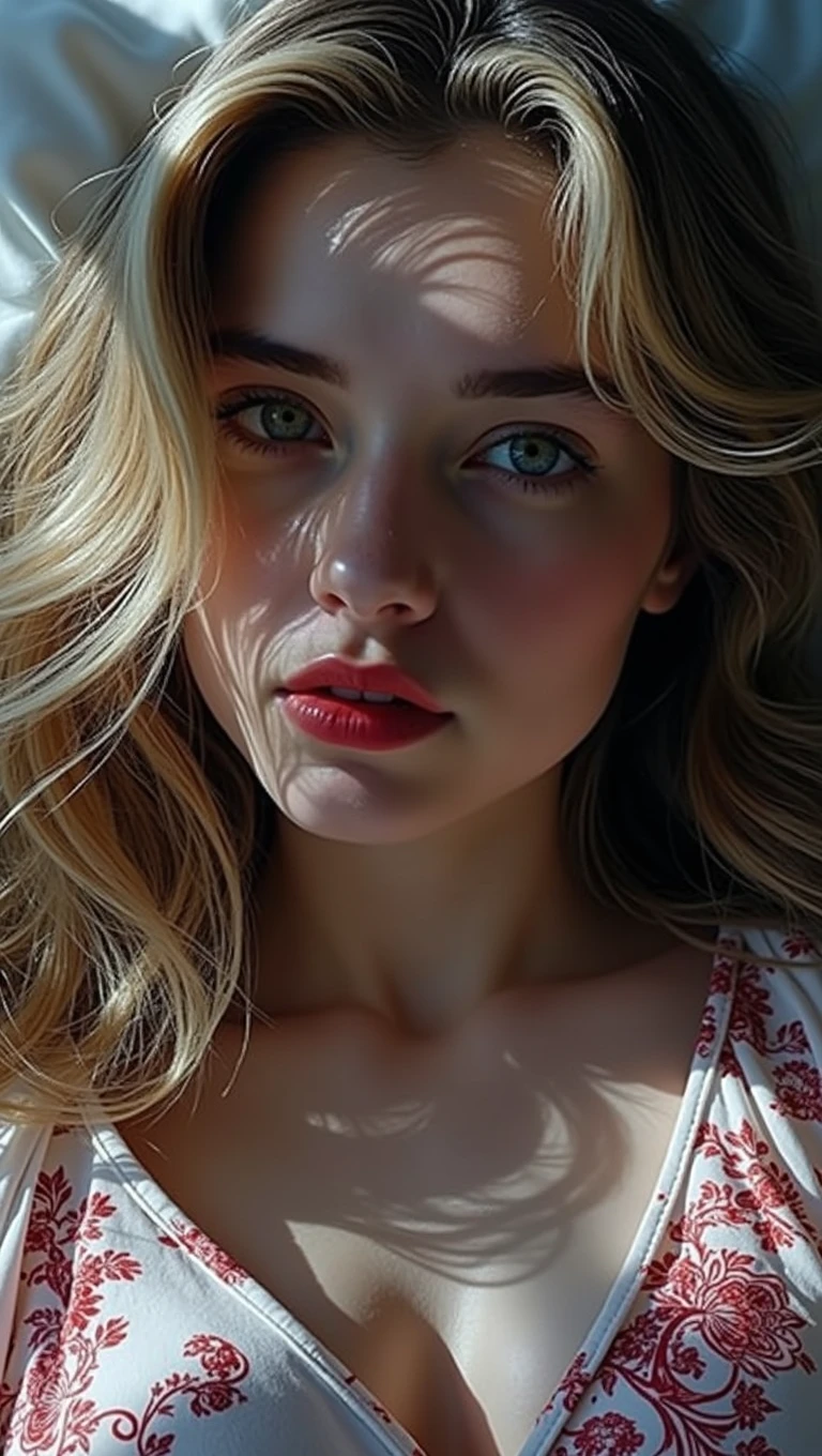 A young and beautiful woman, blonde hair hairstyle，It falls gently over your shoulders in waves., medium high, big green eyes, with light skin, I was in pajamas, She was in bed, Take care of your hair before going to bed., The environment is illuminated by warm and pleasant lights..，Make your hair shine, His face was naturally serene., lips with red lipstick, 8K texture, Very detailed, realisitic, soft cinematic light, HdR, sharp focus, masterpiece, Fotor is realistic, award-winning photography, a Canon EOS R5, 35 millimeters
