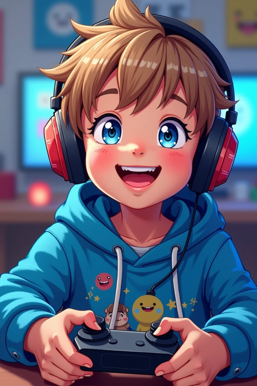 4 boy. He has light skin, short light brown hair with bangs. Blue eyes. He is smiling brightly, showing his teeth. He is wearing a blue hoodie with in gamming aesthetics, holding a joystick and with headphones. Character should be colorful and have a fun, friendly look, with exaggerated, expressive features. Big expressive eyes and smiling mouth. Joyful, Happy, Anime illustration, Realistic, oil