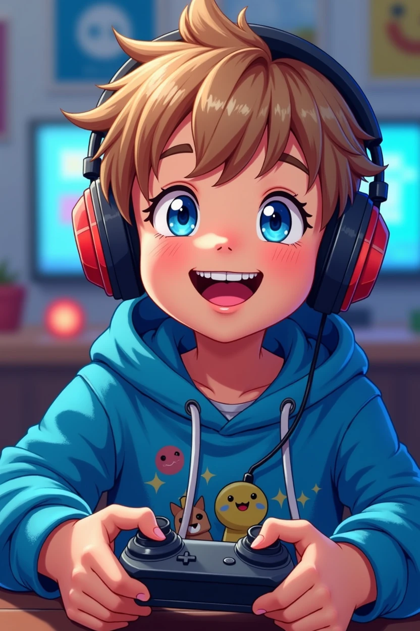 4  boy. He has light skin, short light brown hair with bangs. Blue eyes. He is smiling brightly, showing his teeth. He is wearing a blue hoodie with in gamming aesthetics, holding a joystick and with headphones. Character should be colorful and have a fun, friendly look, with exaggerated, expressive features. Big expressive eyes and smiling mouth. Joyful, Happy, Anime illustration, Realistic, oil