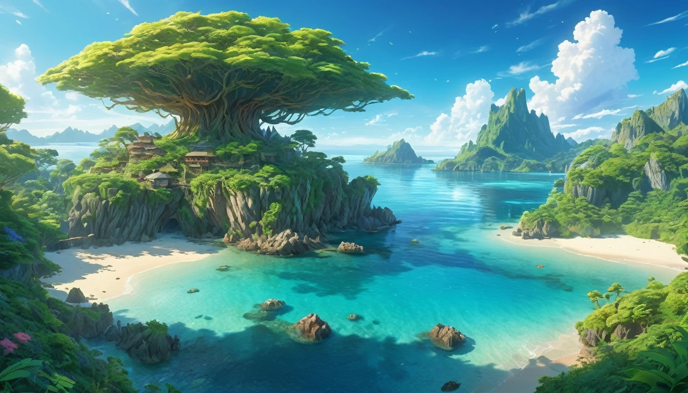 (anime, fantasy, island),(best quality, high resolution, HDR:1.2),vibrant colors,calm atmosphere,a sole uninhabited island in the middle of the ocean,fantasy land,wierd vegetation,undiscovered,ethereal light,fantastical landscapes,highly detailed landscape,antialiasing,intricate,high FXAA,8K post-production