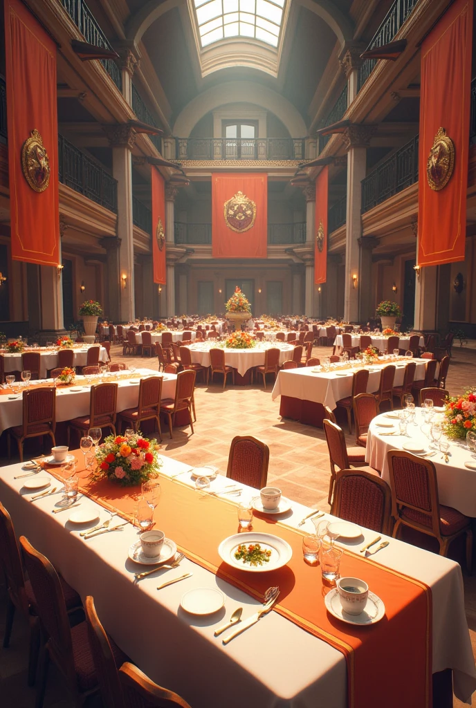 **Food and Drink Area Inside the House:**

- **Location:** In a large hall or event room inside the house.

- **structure:** Tables arranged along the walls or in a central configuration, allowing easy access to guests.

- **Decoration:** The tables are covered with tablecloths and floral arrangements that follow the theme of the Cavalhada, and the space is decorated with themed banners and shields.

- **access:** The space is well integrated into the main event area, facilitating the flow between the food and beverage area and the main activities.