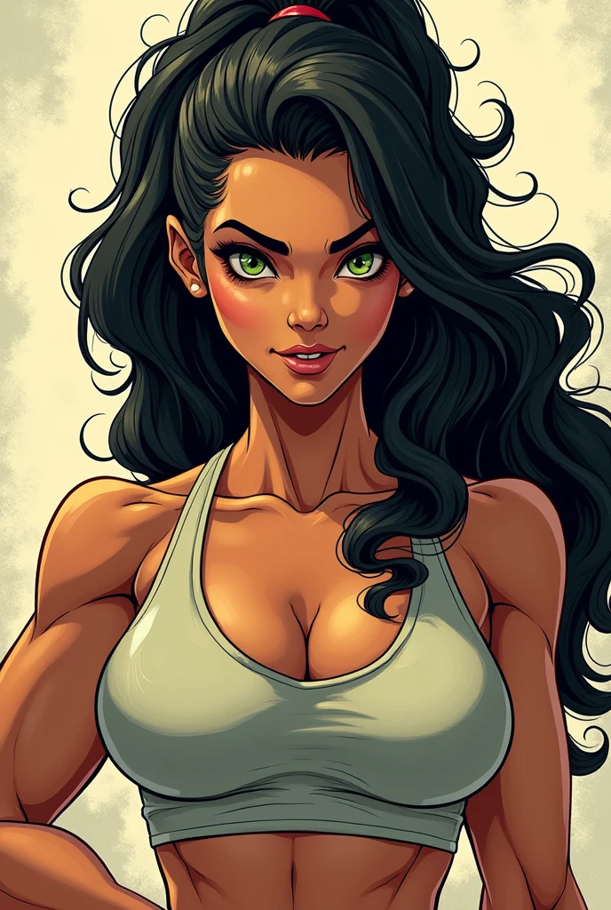 Extremely masculine woman with a man-like face with slightly brown skin, green eyes, long black mullet hair, very muscular, charming smile. Portrait from the chest up only. comic style