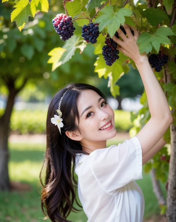 Vineyard、Large grape fruits、Grape leaves、Decorative、Art Nouveau、Medieval Europe、French linen white shirt、Roll up your sleeves、Smile a little、masutepiece、Highest quality、solo、cute、Girly、Delicate、Neat and clean beauty、Raw Photos、Professional photos、Portrait、Soft Light、Professional Lighting、Backlight、I look forward to seeing you、Sophisticated、Film Grain、(detailed:1.0&#39;s eyes and face)、Medium length floating hair、Beautiful flowing hair、bangs、