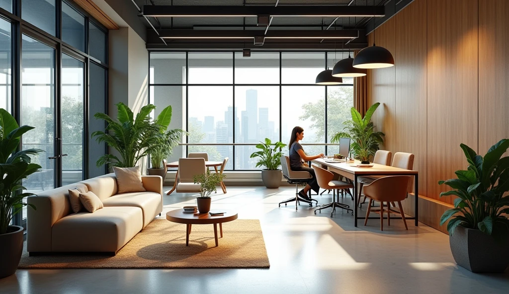 オフィス　オフィス"a modern, well-designed office space with natural lighting, comfortable furniture, and relaxing decor that promotes a healthy work-life balance. The office has an open floor plan, plants, and cozy seating areas for collaboration and relaxation."