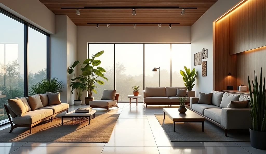オフィス　オフィス"a modern, well-designed office space with natural lighting, comfortable furniture, and relaxing decor that promotes a healthy work-life balance. The office has an open floor plan, plants, and cozy seating areas for collaboration and relaxation."
