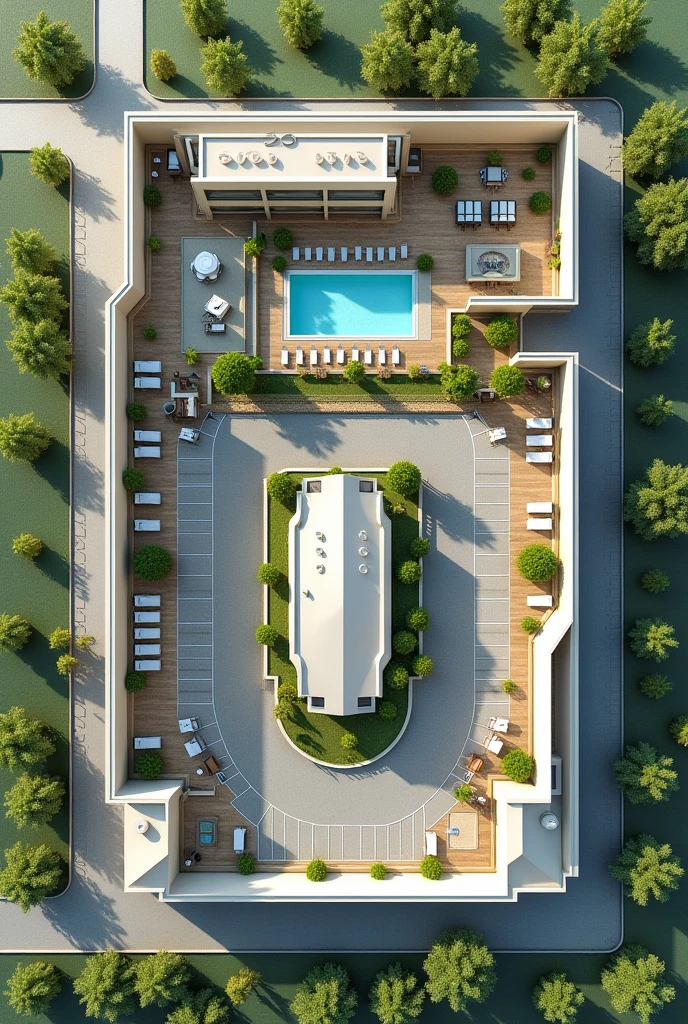 Plan of a hotel that first has the reception space The restaurant space The recreation space The L-shaped parking lot One part in front and the rest on the side, the rooms, A SPA room, An area for people with disabilities, The pool, Connection with green areas, That can be like an open space in 2d