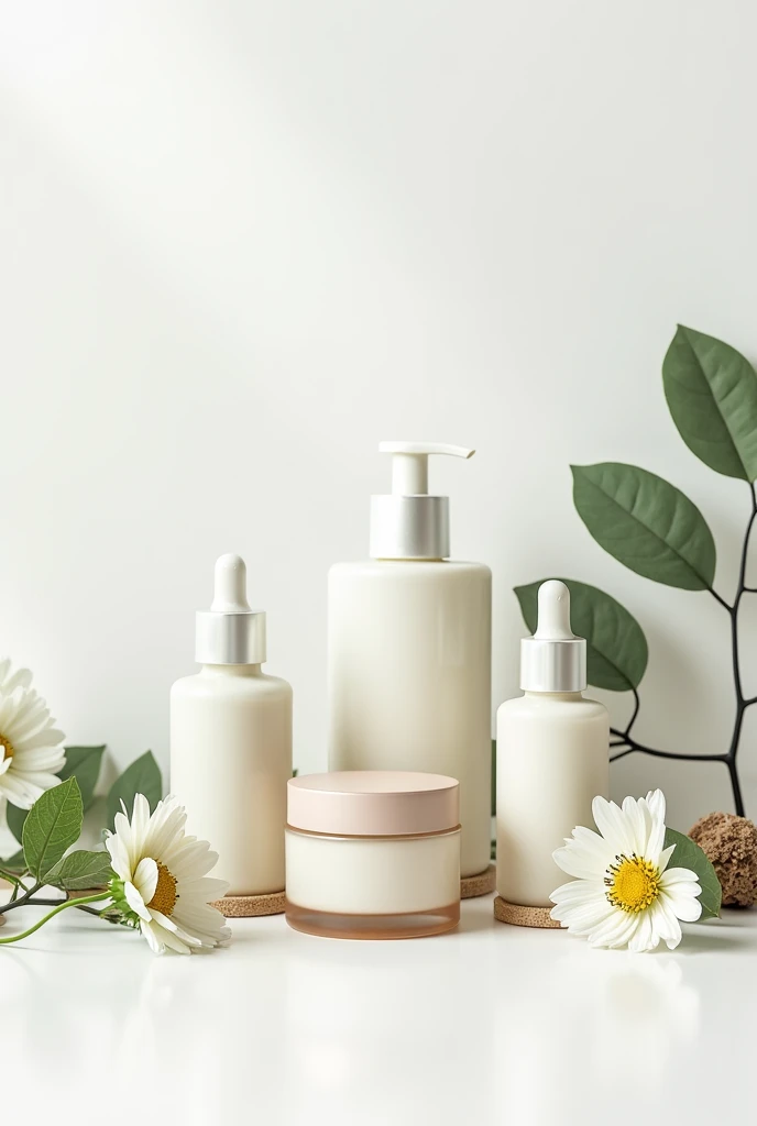 "Create a minimalist image featuring elegant skincare product bottles and jars centered on a plain white background. Surround the products with natural elements like green leaves and soft white flowers. Use a calming, natural color palette with soft greens, earthy browns, and white. Include the text 'Skincare Copywriting: Organic & Natural Products' in an elegant, natural font, positioned clearly above or below the products."