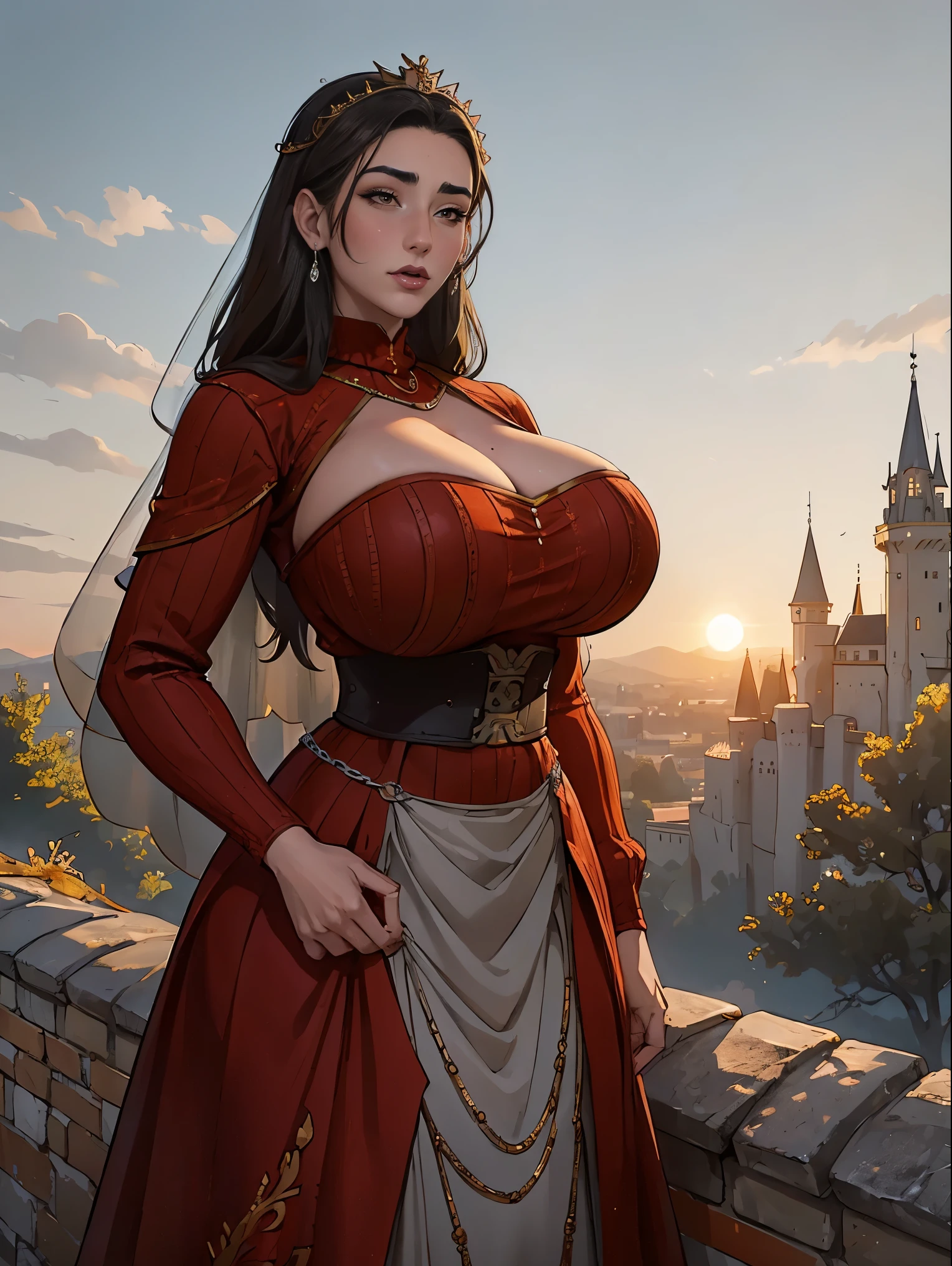 Gorgeous and sultry busty athletic (thin) brunette queen with sharp facial features wearing a modest updo, dark red medieval dress, long sleeves, intricate patterns, scrollwork, wide neck, crown, veil, long dress, modest dress, tight bodice, silver belt, (waist chain), medieval jewelry, Middle Ages, castle, rampart, wall, exterior, on top of a castle wall, trees, countryside, evening, sunset. large breasts.