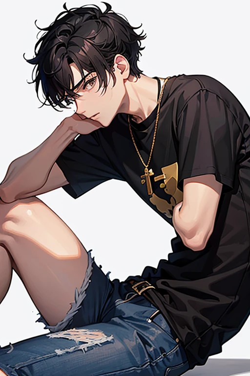 16 year old boy, short black hair on the sides and long on top with a pompadour, brown eyes, black t-shirt, necklace with a gold cross, blue jeans, looking in profile directly at the viewer, white background