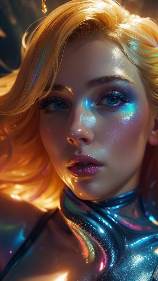 Beautiful blonde woman, with wax dress melting and dripping down the body (masterpiece: 1.2), (best quality), 4k, ultra-detailed, (dynamic composition: 1.4), highly detailed, colorful details, (iridescent colors: 1.2), (bright lighting, atmospheric lighting), dreamy, magical, (solo: 1.2)
