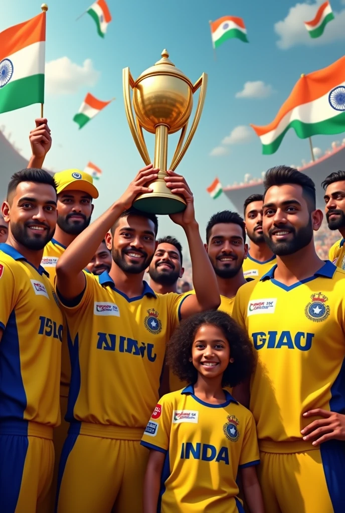create a realistic image where a s old IPL fan Young Girl Wearing CSK Team's Jersey With Name “Harshika” is written on it, girl standing with Ms Dhoni and 11 player with yellow jersey and dhoni take a ipl trophy, indian Flags are Flying in the Back of them And Have Many cricket Supporters there, 3D art painting Realistic photo.
