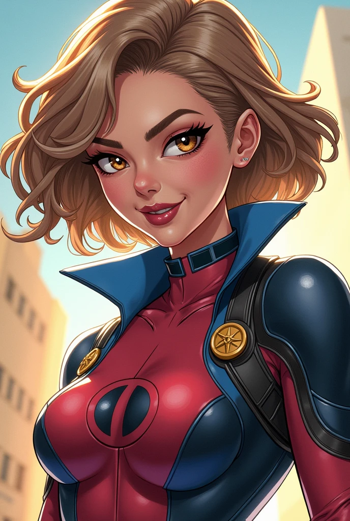 Imagine a comic book girl inspired by Gwenpool, but with its own style. She has short, shoulder-length, wavy hair in a light brown shade that shines in the light..She has cream-colored tea.His expression is mischievous and determined, with large, expressive, light brown eyes that show confidence and energy. Her outfit has a similar design to Gwenpool's., but with a custom color palette that incorporates blue tones and gold color accents, reflecting your unique personality. She is ready for action, but always with a touch of humor and ease.