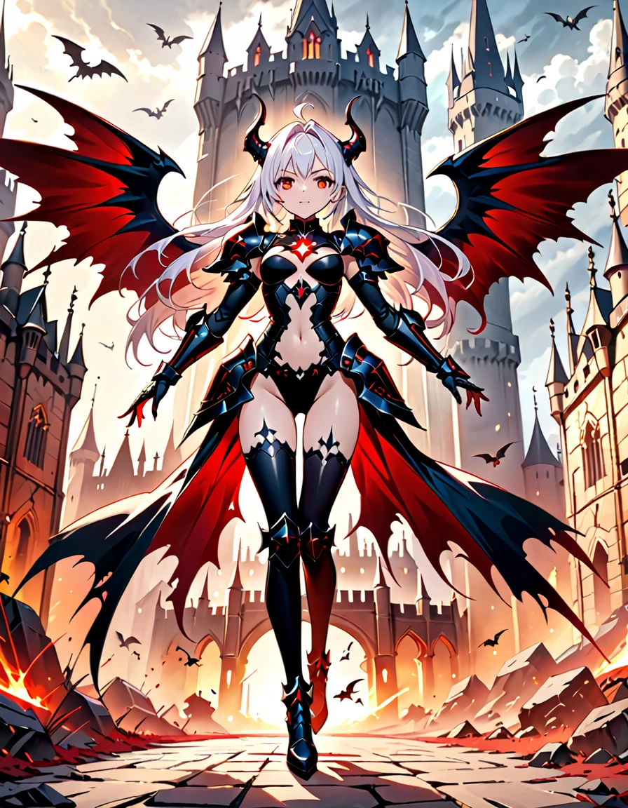 queen power armor , (gothic style), full body view , bellybutton, The most beautiful and sexy demon goddess, long white hair, glowing red eyes, wearing detailed black gothic battle armor, black angel wings, tattoos and piercings, gothic castle, perfect masterpiece, high quality, high resolution
