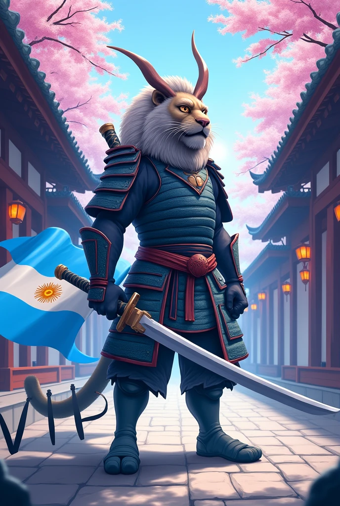 Samurai Lion in an  Japanese dojo, modern art, hand-drawn, gray, blue and white colors, Lion warrior, traditional Japanese architecture, cherry blossom tree in bloom, intricate samurai armor, katana sword, focused expression, whit big head, dynamic pose, detailed linework, soft pastel shades of  blue, and lavender, artistic interpretation, ArtStation. Whit the medium Argentina flag in the flood and with a very big sign whit ViP