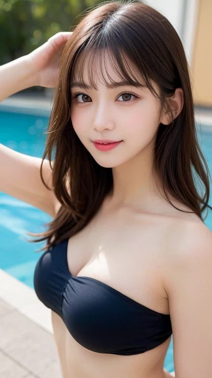 whole body、 Highest quality, shape, Very detailed, finely, High resolution, 8k wallpaper完璧なダイナミックな構shape, Beautiful and detailed, Small breasts, Natural color lip, Random sexy poses,smile,Metropolis、20-year-old girl、くDetailed face、Perfect and beautiful face,Big eyes、RAW Photos、spread your arms and legs wide、最高の感情をwhole bodyで表現しましょう、Beautiful and detailed、Small face、Beautiful Duplex、Slim face and figure、 (masterpiece, Highest quality, Very detailed, Detailed face, 8k)Actual Photos、Perfect and beautiful face、Blur the background、 Highest quality, figure, Very detailedな, finely詳細に, High resolution, 8k wallpaper, Perfect dynamic composition, Beautiful attention to detail, Bandeau bikini, Natural color lip,Pool, Random and cute poses, flowing bangs,Cleavage, Smile, whole body