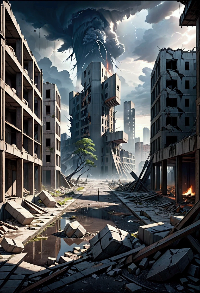 a desolate, post-apocalyptic landscape, ruined buildings, cracked earth, dark clouds, post-apocalyptic world, destroyed city, dystopian future, abandoned city, nuclear fallout, gloomy atmosphere, post-apocalyptic environment, crumbling infrastructure, eerie silence, decay and ruin, bleak scenery, dilapidated structures, rubble-filled streets, desolate wasteland, post-nuclear devastation, atmospheric lighting, moody color palette, cinematic composition, hyper-realistic style, cinematic mood, dramatic lighting, high-quality render, unreal engine, volumetric lighting, photoreal