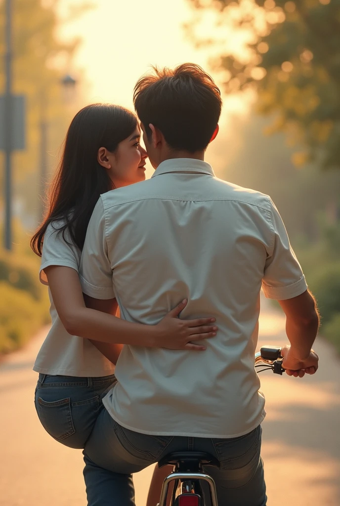 That a woman is on the bike with her father and she grabs her father's waist. That they are both in profile.