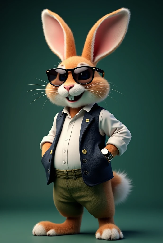 Smiling Rabbit wearing clothes, sunglass, watch.
dark green background
