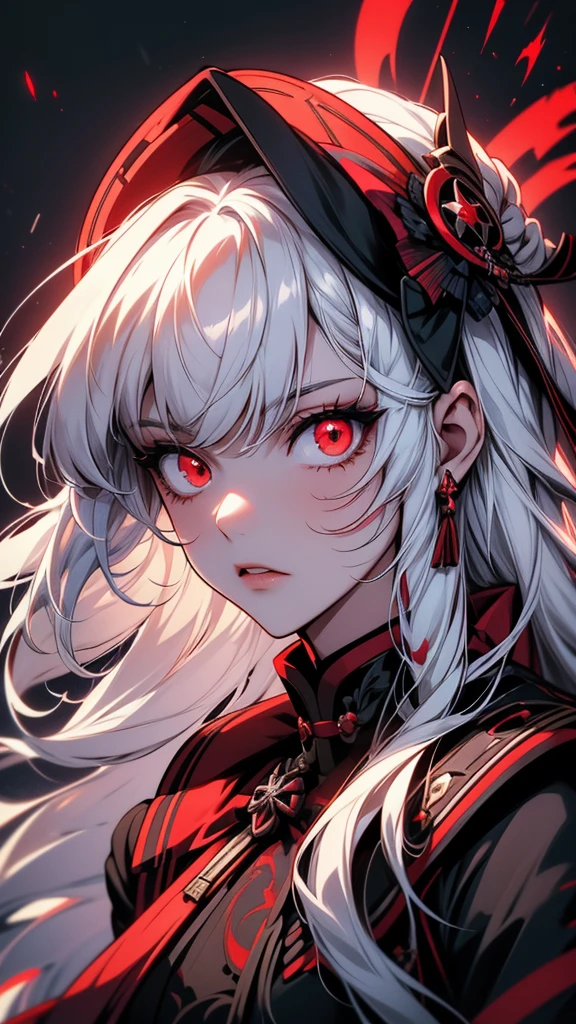 Close up portrait of a person with long hair and red eyes, Ayaka Genshin Impact, White-haired God, Bloodstained, Gap Moe Yandere grimdark, portrait Gap Moe Yandere grimdark, Gothic Maiden Anime, From Arknights, Nightcore, Gap Moe Yandere, Ayaka Games Genshin Impact, Keqing of Genshin Impact