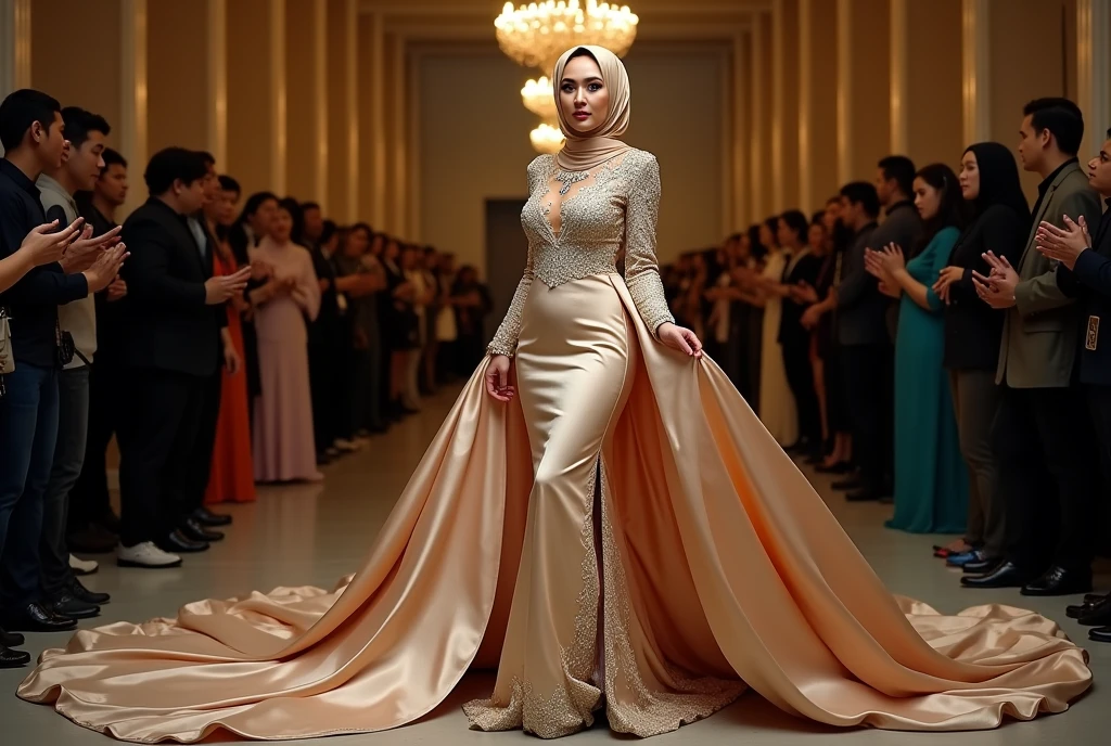 An malay woman in glamorous mermaid gown with long ballon sleeve, wear jewellery, wear modern satin hijab, entirety of fabric over botom dress about 7 meters in length trailing dramatically, glamours style, overlong dress train, extreme detail on the texture of the fabric, wear high heels, sexy random pose outdoor, beautifull bright lighting, ultra realistic, high-resolution photography.