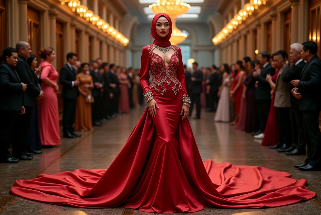 An malay woman in glamorous mermaid evening dress, long ballon sleeve bolero, long satin scarf wrapped around her arms, wear jewellery, wear modern satin hijab, entirety of fabric over botom dress about 7 meters in length trailing dramatically, glamours style, overlong dress train, extreme detail on the texture of the fabric, wear high heels, sexy random pose in crowded place, dramatic lighting, ultra realistic, high-resolution photography.