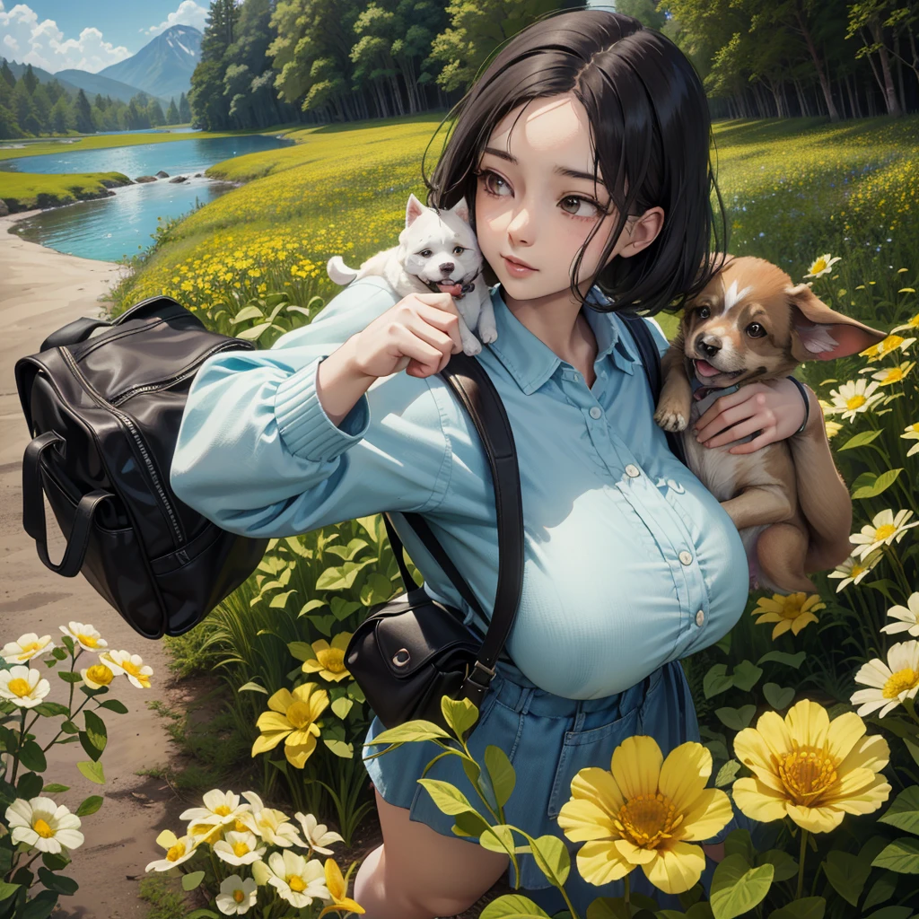 hint: A very charming，Carrying a backpack，and her cute puppy，Enjoying a beautiful spring outing，Surrounded by beautiful yellow flowers and nature. Illustrations are 4K resolution high-definition illustrations, Features highly detailed facial features and cartoon-style visuals.  
