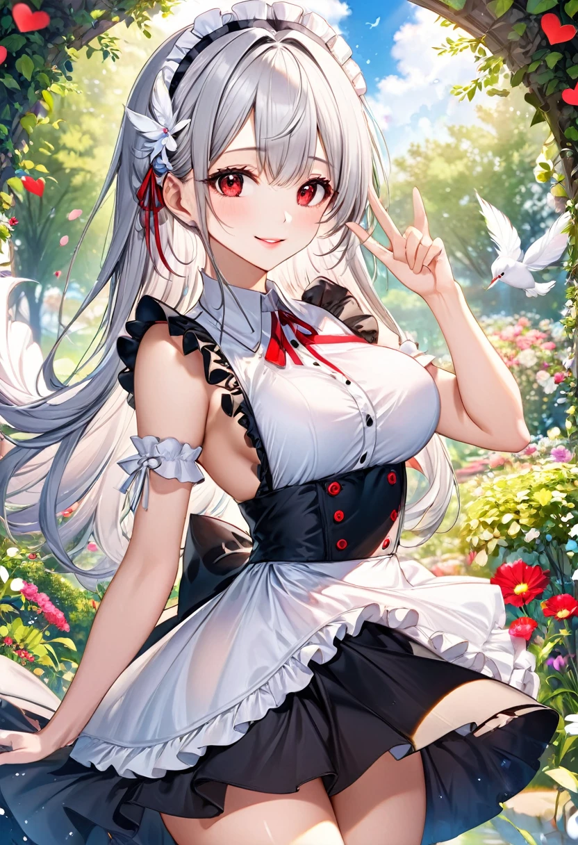 (beautiful sexy Married Woman style), (master detailed Peace sign hand) (solo:2, 24 yo), (dynamic pose), (immensely beautiful skin), (beautiful detaileds hime-cut) (beautiful detailed silver hair, very beauty long hair) (best sexy woman, best sexy red eyes, glossy lip, best love smile, beautiful sexy big tits), in a immensely elegant summer Frills maid dress with exposure white Feather, break, in the beautiful enchanted garden, background beautiful summer sky, BREAK, perfect anatomy, masterpiece, best quality, beautiful detailed pastel color, daydreaming expression.