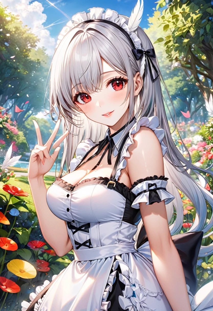 (beautiful sexy Married Woman style), (master detailed Peace sign hand) (solo:2, 24 yo), (dynamic pose), (immensely beautiful skin),  (beautiful detaileds hime-cut) (beautiful detailed silver hair, very beauty long hair) (best sexy woman, best sexy red eyes, glossy lip, best love smile, beautiful sexy big tits), in a immensely elegant summer Frills maid dress with exposure white Feather, break, in the beautiful enchanted garden, background beautiful summer sky, BREAK, perfect anatomy, masterpiece, best quality, beautiful detailed pastel color, daydreaming expression.
