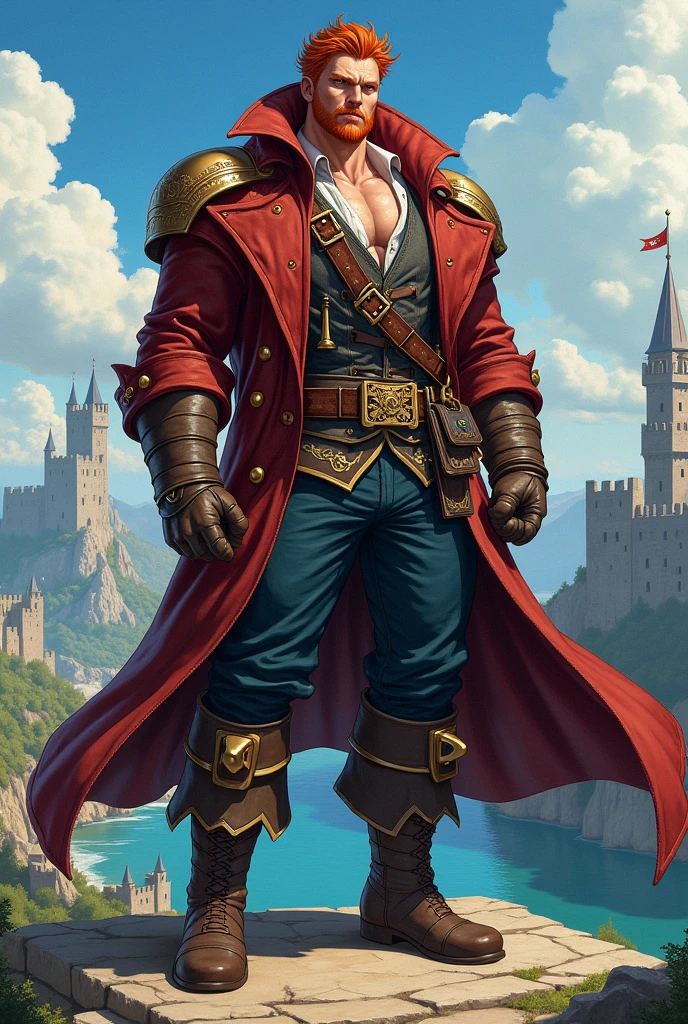 large adult man with red hair in medieval times and pirate, with an air of superiority , anime version, less muscles