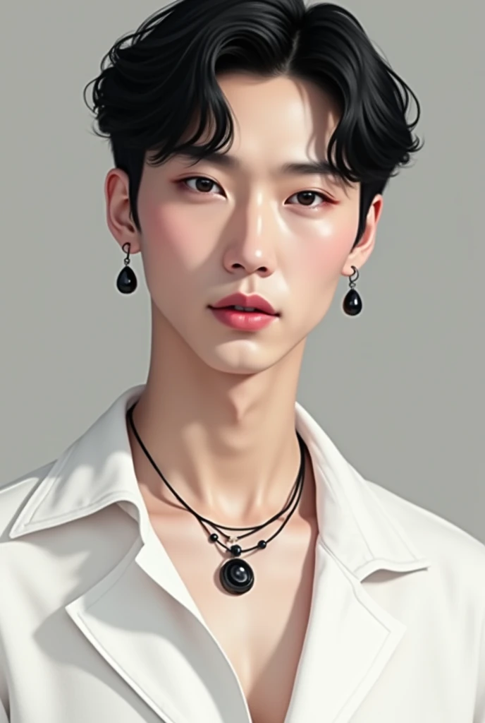 Korean men, face structure is not very small, long eyelashes, short hair, black hair, light pink lipstick, velvet lipstick texture, equal eyes, high nose, wearing a black necklace, black earrings, wearing a white shirt, wearing white pants.