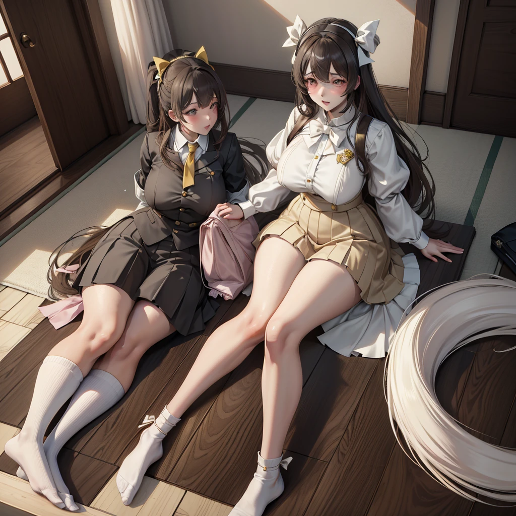 Minami Kotori, 1 Girl, Solitary, masterPageiece, 1 Girl, best quality, Ultra Detailed, (shining), Uniforms, ((floorroom)), exist室内, floor, :Page, blush, Light线追踪,Pageerfect Lighting, (shining skin:1.2),reflection, long_hair, Watching_exist_Viewer, blush, skirt, Ribbon, Double tail, yellow_Eye, Pageantyhose, Bag, Black_Pageantyhose, low_Double tail, Light_Brown_hair, Light环, niPagePageles, National Foundation,