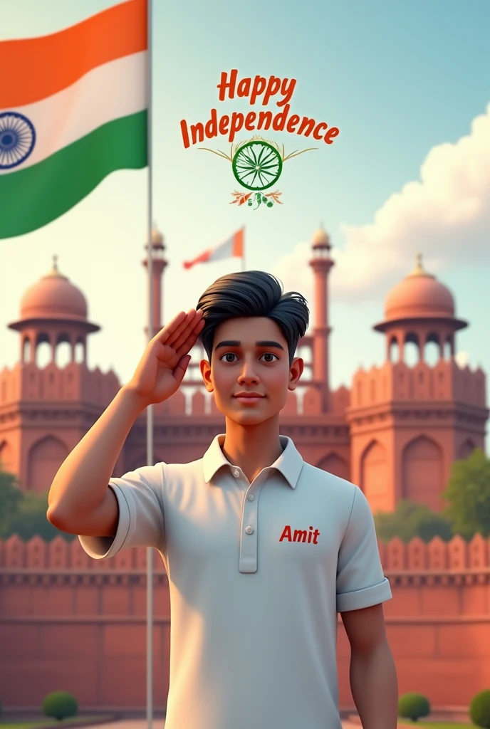 Create a 3D image of 20 years old boy is wearing White color shirt and saluting to indian flag and behind him red fort placed a hoisting flag on that, written Happy Independence Day 2024" on the sky and "Amit" is written on his shirt with bold letters and also in overall image has the divine background like indian republic day. Everyone is celebrating. 