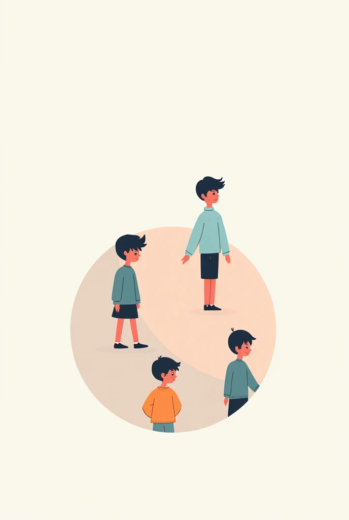 generate an image of a circle with 5 boys with colored outlines, without realistic features. with pastel colored clothes. at an angle seen from above. and a more open circle, with space for text in the circle with white background