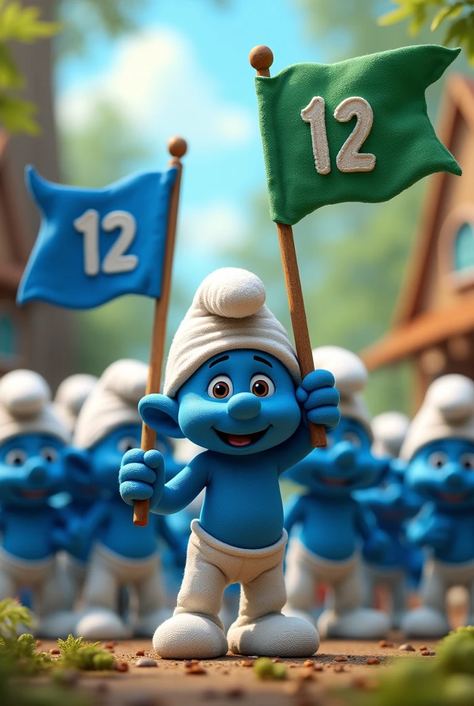 Many Smurfs holding blue flags with the number 12 and others holding green flags with the number 12
