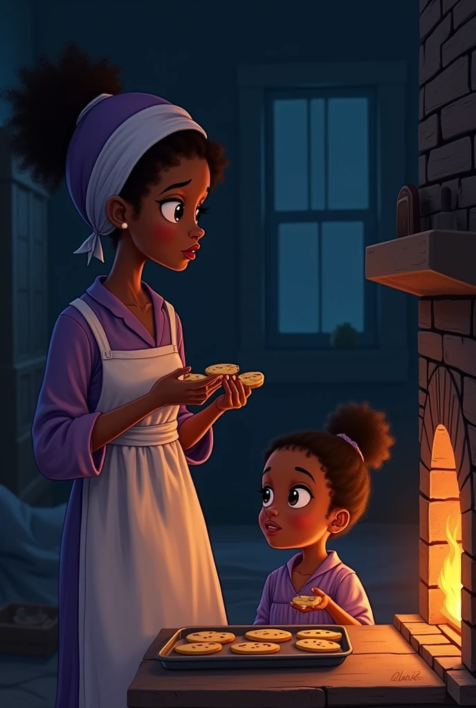 A warm and tender moment between a girl (the narrator) and his maternal grandmother. the grandmother, a strong and resilient figure, He is standing next to an oven chimney and next to him is a tray of cooked cookies and in his hands another one about to be put in the oven., it's late at night, Grandma is baking cookies. The firelight softly illuminates the room, projecting warm tones on their faces. The girl, sitting next to him, He looks at his grandmother with admiration and love, holding a piece of a freshly baked cookie. In the background, You can feel the fatigue and hard work, perhaps with the faint outline of the rest of the house in the dark, indicating the late hour. The atmosphere should evoke feelings of both warmth and sadness., highlighting the grandmother's strength and hope despite the heavy burden of slavery.
(Grandma's attire is a purple dress)
This image would capture both love and resilience in the face of adversity.